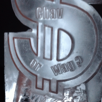 Dollar Symbol Vodka Luge Close-up of bottom text  from Passion for Ice