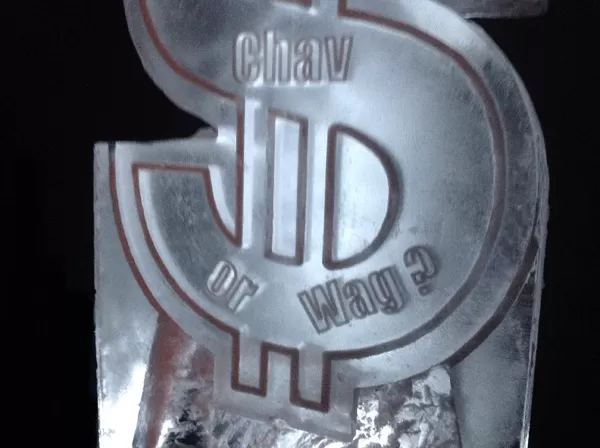 Dollar Symbol Vodka Luge Close-up of bottom text  from Passion for Ice