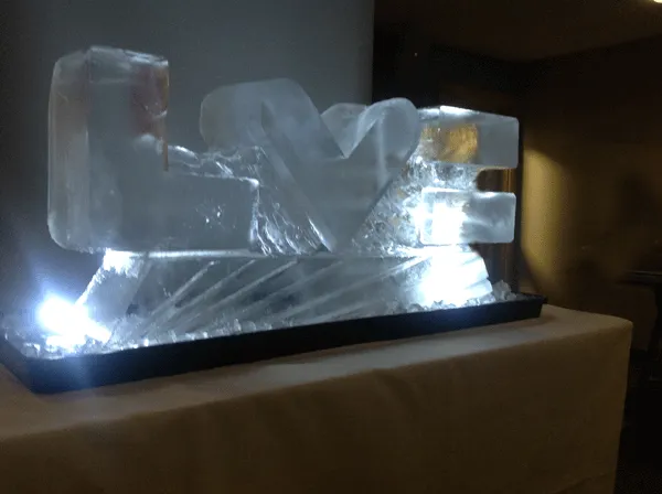 LV (Lodon Victoria Insurance) Vodka Luge Logo carved in ice from Passion for Ice