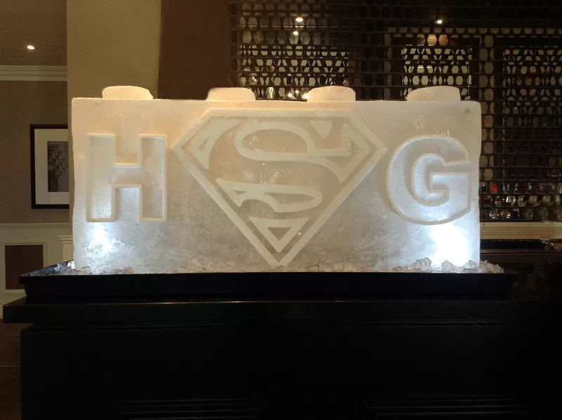 Lego block with Supoerman logo Ice Sculpture from Passion for Ice