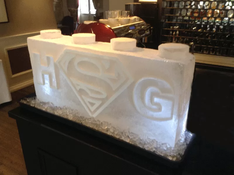 Side view of Lego block with Superman logo Ice Sculpture from Passion for Ice